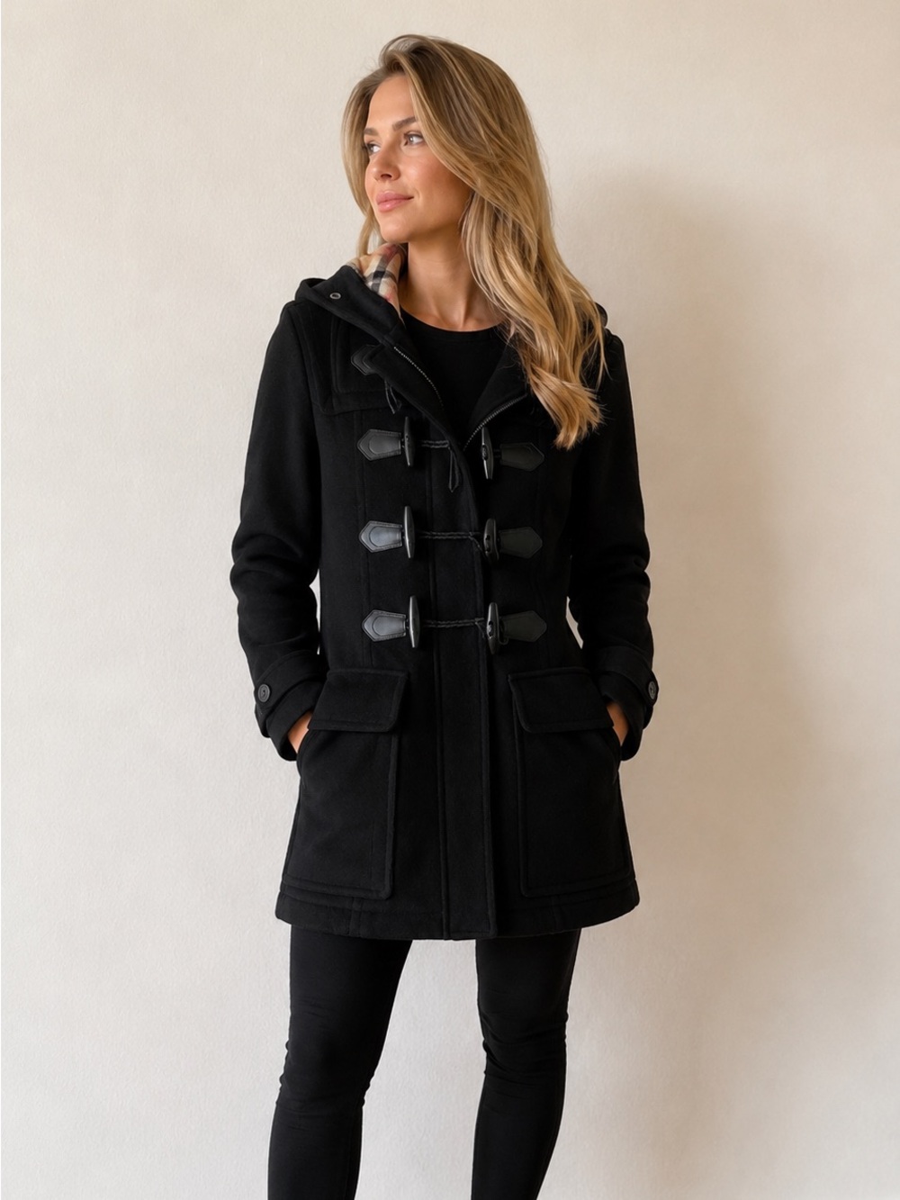 Burberry Black Wool Toggle Pea Coat with Hood and Signature Check Lining